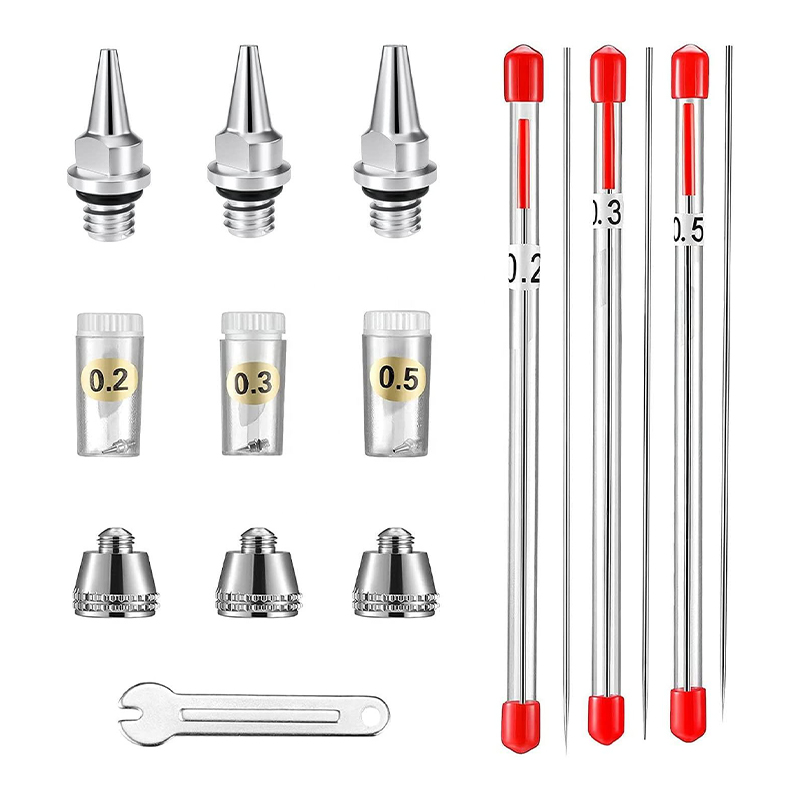 Kit bahagian penggantian airbrush 10-pieces dengan muncung, jarum, jarum, jarum, dan sepana mini untuk aksesori pistol semburan 0.2mm, 0.3mm, 0.5mm